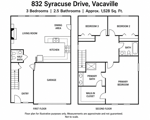 Floor plan for 3 beds, 2.5 baths, 1528 sqft